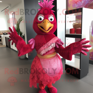 Magenta Tandoori Chicken mascot costume character dressed with a Mini Dress and Gloves