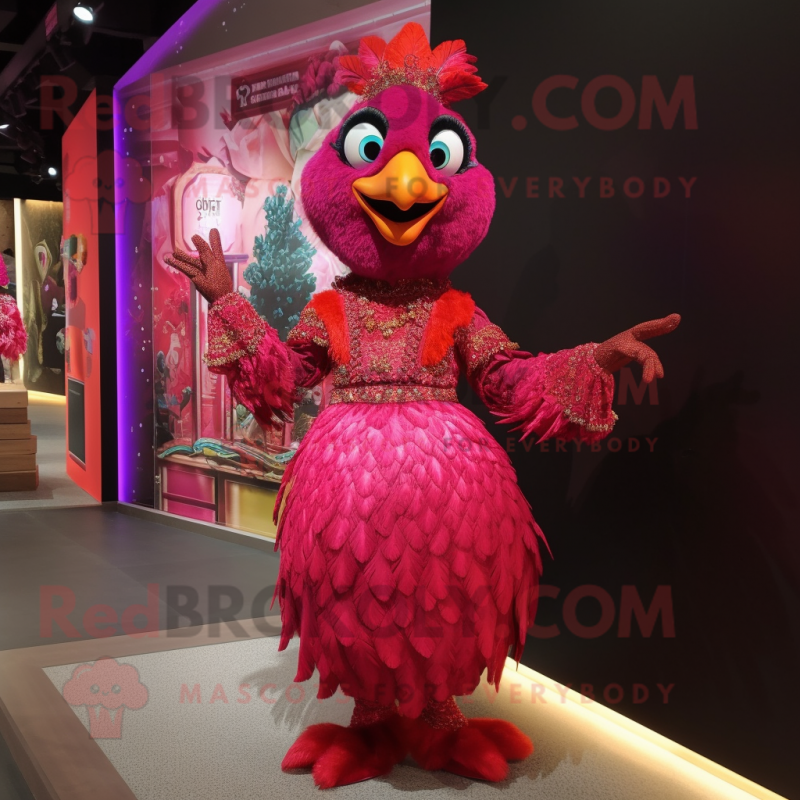 Magenta Tandoori Chicken mascot costume character dressed with a Mini Dress and Gloves Magenta Tandoori Chicken mascot costume character dressed with a Mini Dress and Gloves