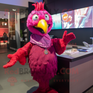 Magenta Tandoori Chicken mascot costume character dressed with a Mini Dress and Gloves
