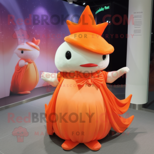 Orange Axolotls mascot costume character dressed with a Ball Gown and Hats