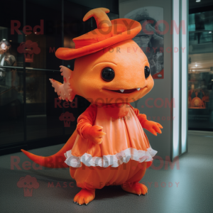 Orange Axolotls mascot costume character dressed with a Ball Gown and Hats