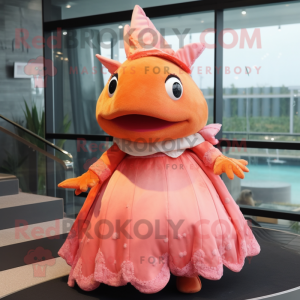 Orange Axolotls mascot costume character dressed with a Ball Gown and Hats