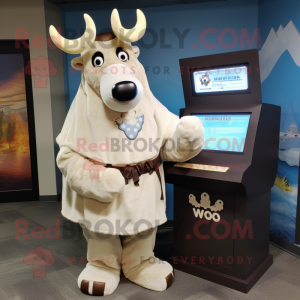 Cream Moose mascot costume character dressed with a Romper and Shawl pins