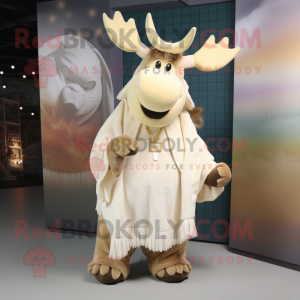 Cream Moose mascot costume character dressed with a Romper and Shawl pins