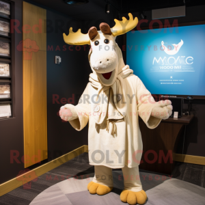 Cream Moose mascot costume character dressed with a Romper and Shawl pins