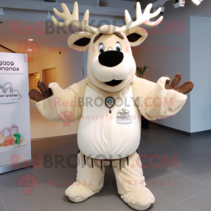 Cream Moose mascot costume character dressed with a Romper and Shawl pins