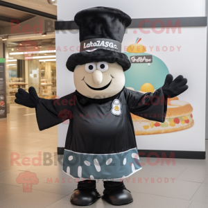 Black Lasagna mascot costume character dressed with a Windbreaker and Hats