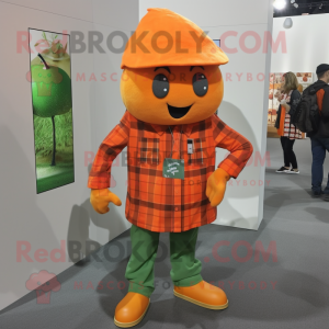 Orange Cucumber mascot costume character dressed with a Flannel Shirt and Brooches