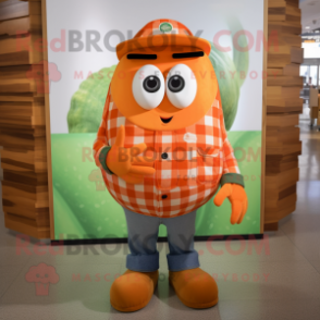 Orange Cucumber mascot costume character dressed with a Flannel Shirt and Brooches