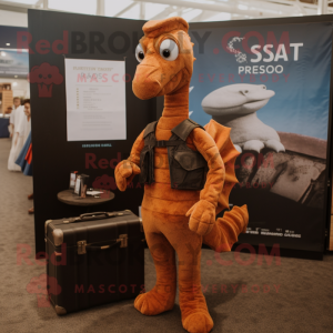 Rust Sea Horse mascot costume character dressed with a Henley Shirt and Briefcases