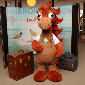 Rust Sea Horse mascot costume character dressed with a Henley Shirt and Briefcases