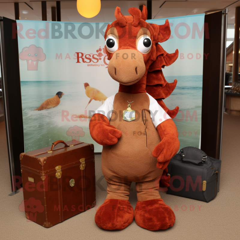 Rust Sea Horse mascot costume character dressed with a Henley Shirt and Briefcases Rust Sea Horse mascot costume character dressed with a Henley Shirt and Briefcases