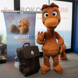 Rust Sea Horse mascot costume character dressed with a Henley Shirt and Briefcases