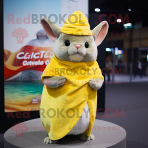 Yellow Chinchilla mascot costume character dressed with a Wrap Skirt and Caps