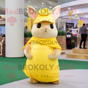 Yellow Chinchilla mascot costume character dressed with a Wrap Skirt and Caps