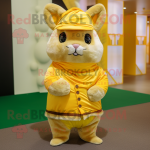 Yellow Chinchilla mascot costume character dressed with a Wrap Skirt and Caps