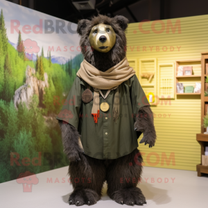 Olive Spectacled Bear mascot costume character dressed with a Cargo Pants and Shawl pins