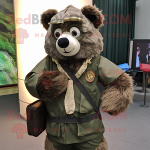 Olive Spectacled Bear mascot costume character dressed with a Cargo Pants and Shawl pins