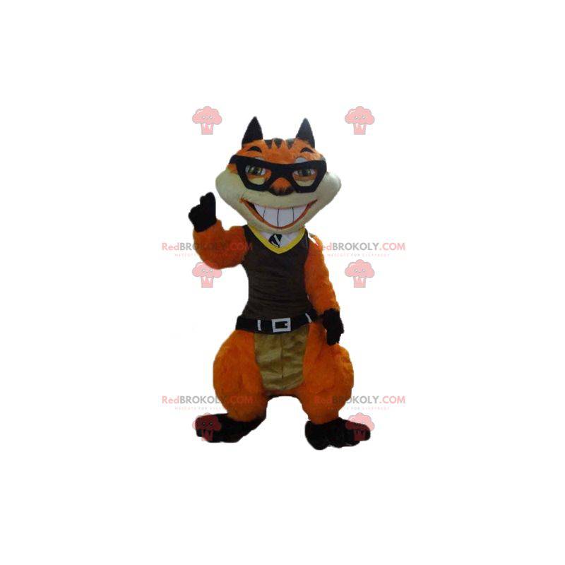 Mascotte de chat de renard orange et blanc avec des lunettes -