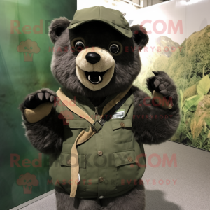 Olive Spectacled Bear mascot costume character dressed with a Cargo Pants and Shawl pins