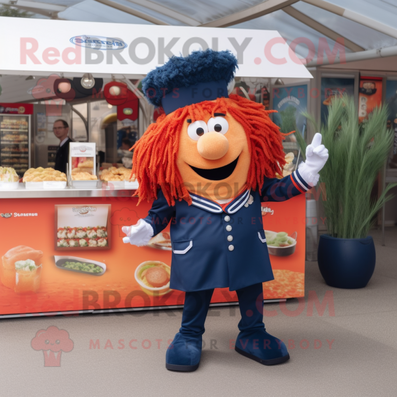 Navy Currywurst mascot costume character dressed with a Trousers and Hair clips Navy Currywurst mascot costume character dressed with a Trousers and Hair clips