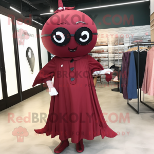 Maroon Narwhal mascot costume character dressed with a Dress and Eyeglasses