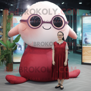 Maroon Narwhal mascot costume character dressed with a Dress and Eyeglasses