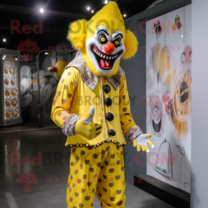 Lemon Yellow Evil Clown mascot costume character dressed with a Cardigan and Bracelets