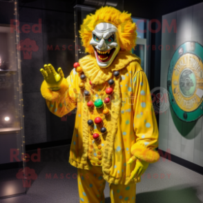 Lemon Yellow Evil Clown mascot costume character dressed with a Cardigan and Bracelets