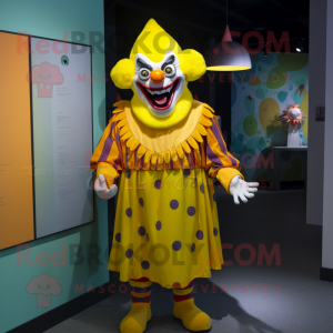 Lemon Yellow Evil Clown mascot costume character dressed with a Cardigan and Bracelets