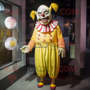 Lemon Yellow Evil Clown mascot costume character dressed with a Cardigan and Bracelets