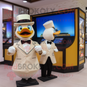 Beige Duck mascot costume character dressed with a Tuxedo and Watches