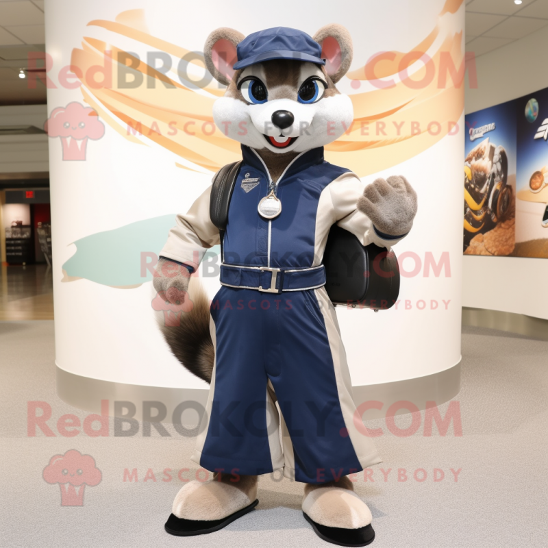 Navy Weasel mascot costume character dressed with a Moto Jacket and Handbags Navy Weasel mascot costume character dressed with a Moto Jacket and Handbags