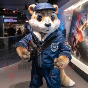 Navy Weasel mascot costume character dressed with a Moto Jacket and Handbags