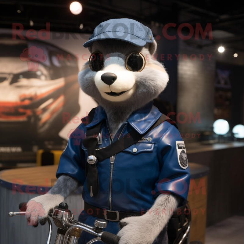 Navy Weasel mascot costume character dressed with a Moto Jacket and Handbags Navy Weasel mascot costume character dressed with a Moto Jacket and Handbags