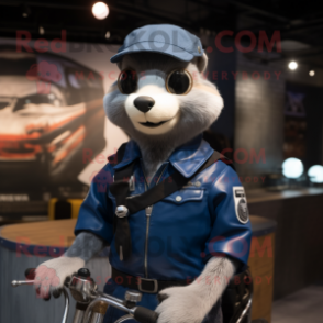 Navy Weasel mascot costume character dressed with a Moto Jacket and Handbags