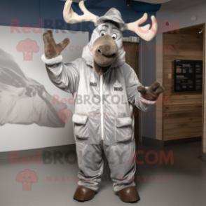 Silver Moose mascot costume character dressed with a Parka and Gloves