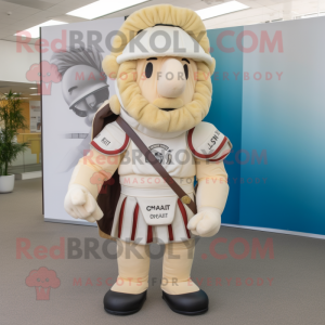 Cream Roman Soldier mascot costume character dressed with a Suit and Backpacks