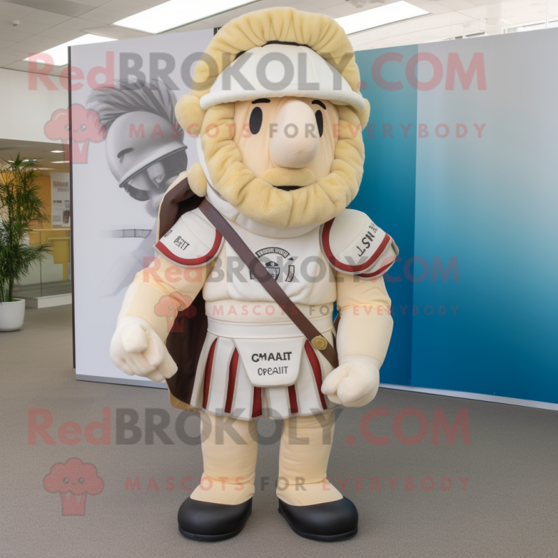 Cream Roman Soldier mascot costume character dressed with a Suit and Backpacks