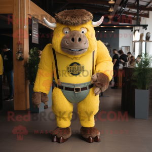Lemon Yellow Bison mascot costume character dressed with a Skinny Jeans and Suspenders