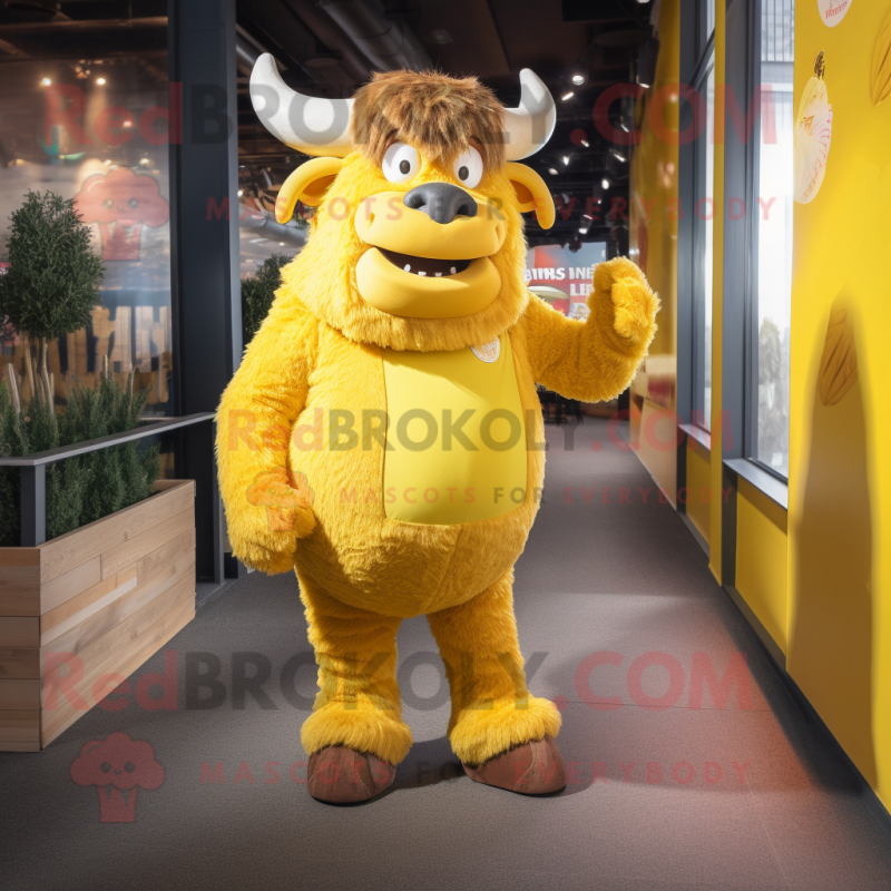 Lemon Yellow Bison mascot costume character dressed with a Skinny Jeans and Suspenders