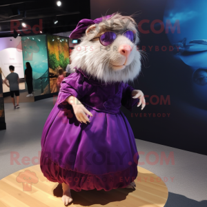 Purple Guinea Pig mascot costume character dressed with a Ball Gown and Eyeglasses