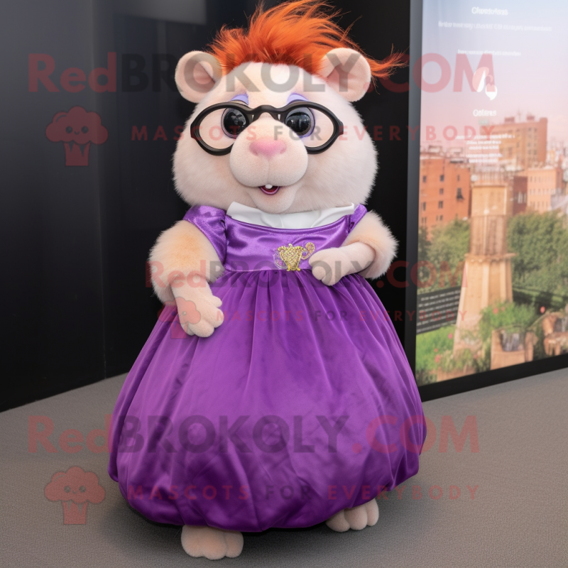 Purple Guinea Pig mascot costume character dressed with a Ball Gown and Eyeglasses