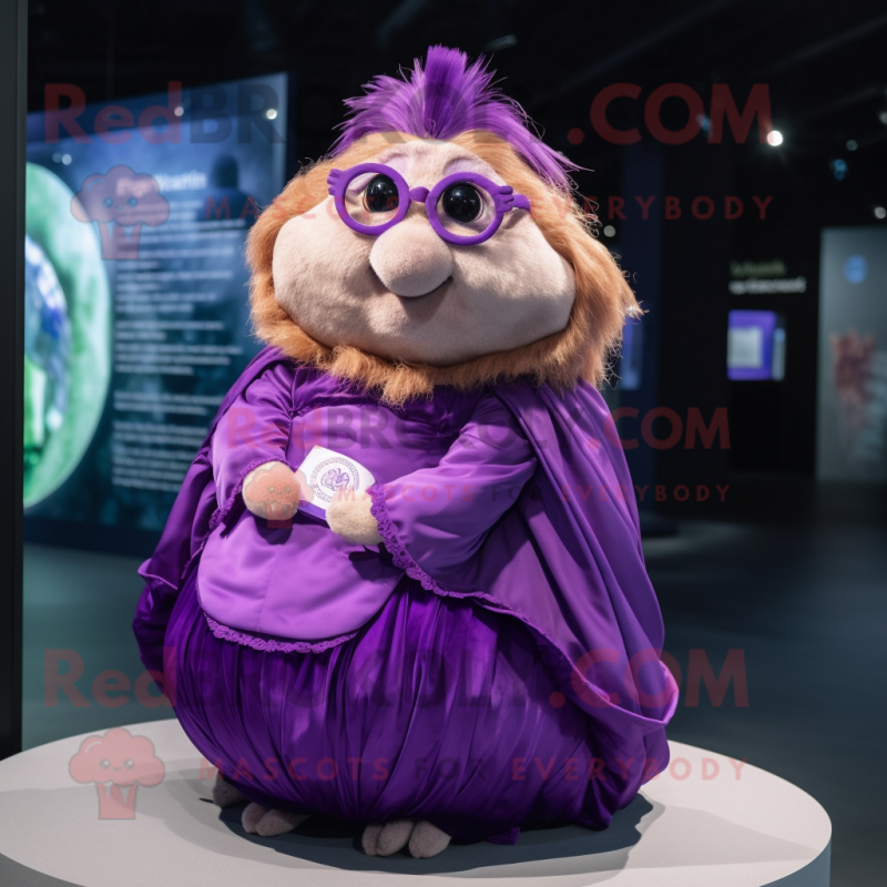 Purple Guinea Pig mascot costume character dressed with a Ball Gown and Eyeglasses