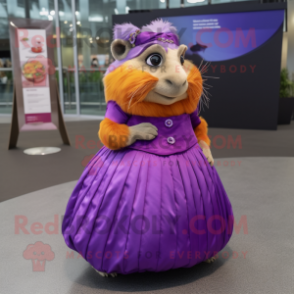 Purple Guinea Pig mascot costume character dressed with a Ball Gown and Eyeglasses