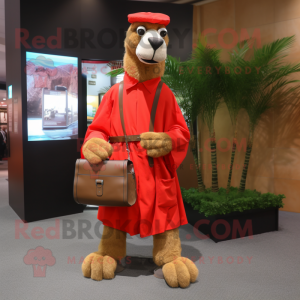 Red Camel mascot costume character dressed with a Raincoat and Briefcases