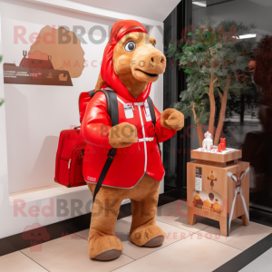Red Camel mascot costume character dressed with a Raincoat and Briefcases