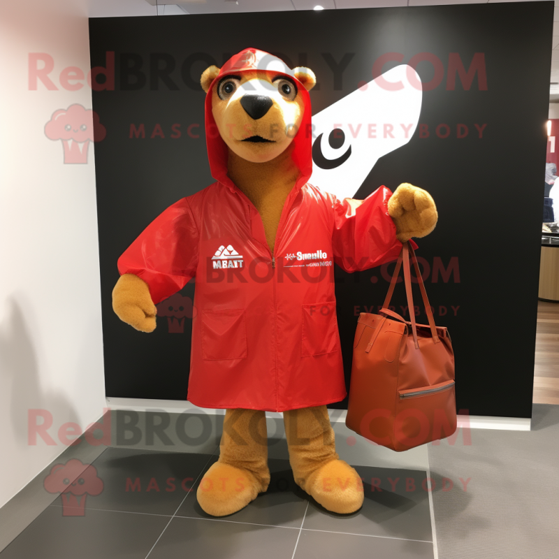 Red Camel mascot costume character dressed with a Raincoat and Briefcases