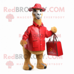 Red Camel mascot costume character dressed with a Raincoat and Briefcases