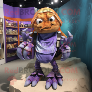 Lavender Hermit Crab mascot costume character dressed with a Vest and Keychains